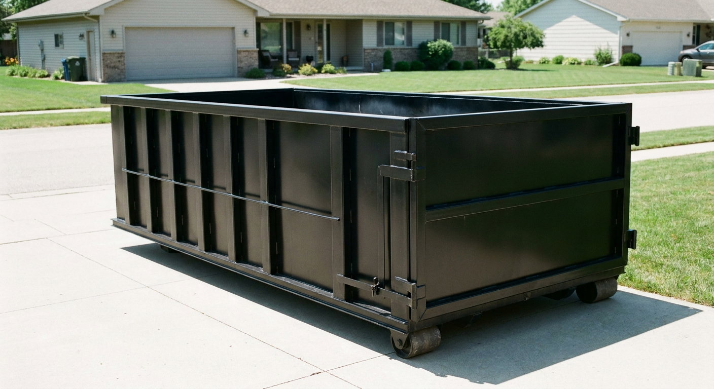 Matte-black 10-yard roll-off dumpster on a residential concrete driveway in Fort Myers, uniformly painted matte black across every panel and rail, ribbed steel sidewalls and rear swing door visible, mid-day daylight.