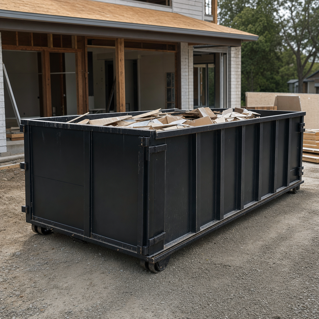 Large matte-black 30-yard construction roll-off dumpster at an active Fort Myers jobsite, steel-gray top rails and bottom rollers visible, loaded with construction debris.