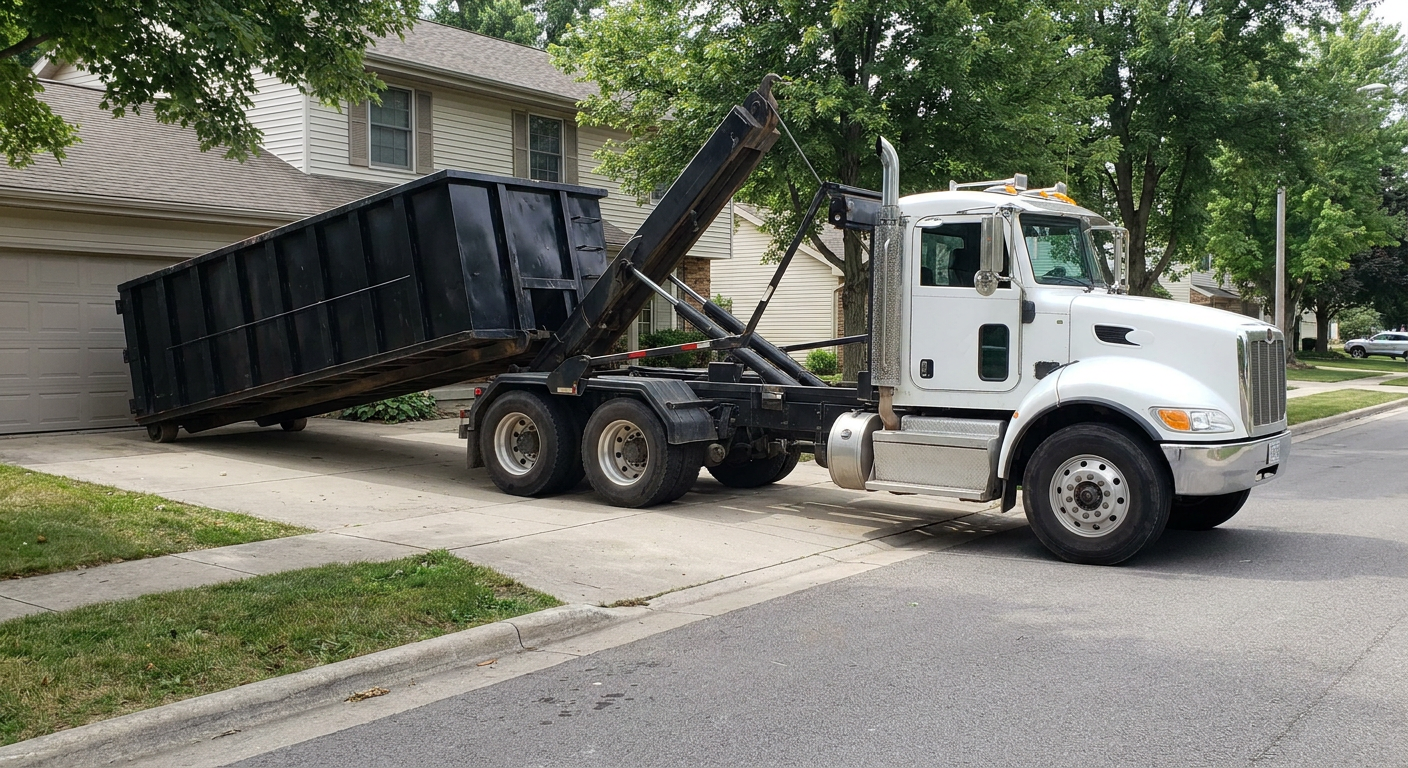 White-cab hooklift roll-off truck actively lowering a matte-black dumpster onto a Fort Myers residential concrete driveway, the dumpster's rear wheels touching the driveway as the hoist arm tilts the bed forward, mid-morning daylight.