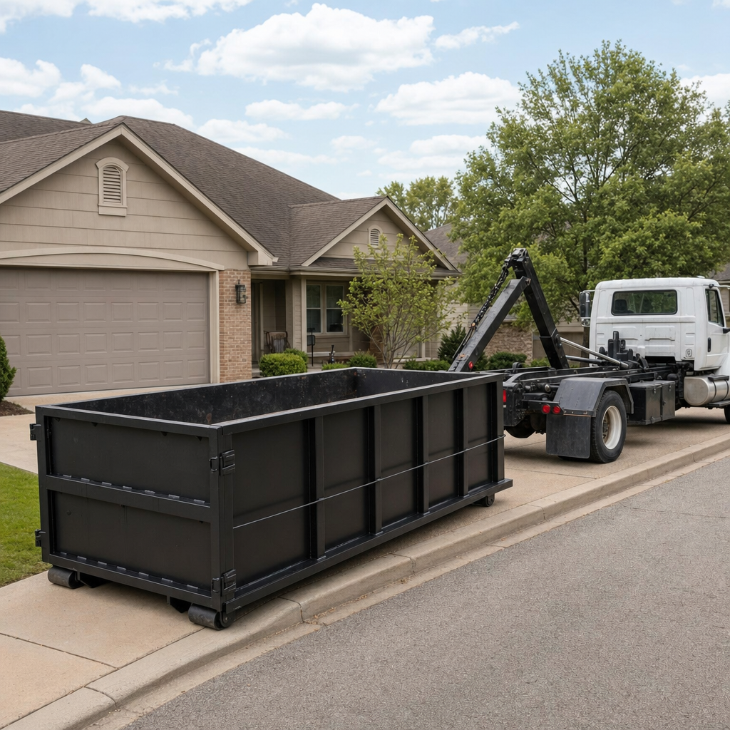Wide documentary shot of a matte-black roll-off dumpster on a Fort Myers residential driveway in the foreground and a contractor jobsite container in the soft-focus background, bright daylight, calm and orderly composition.